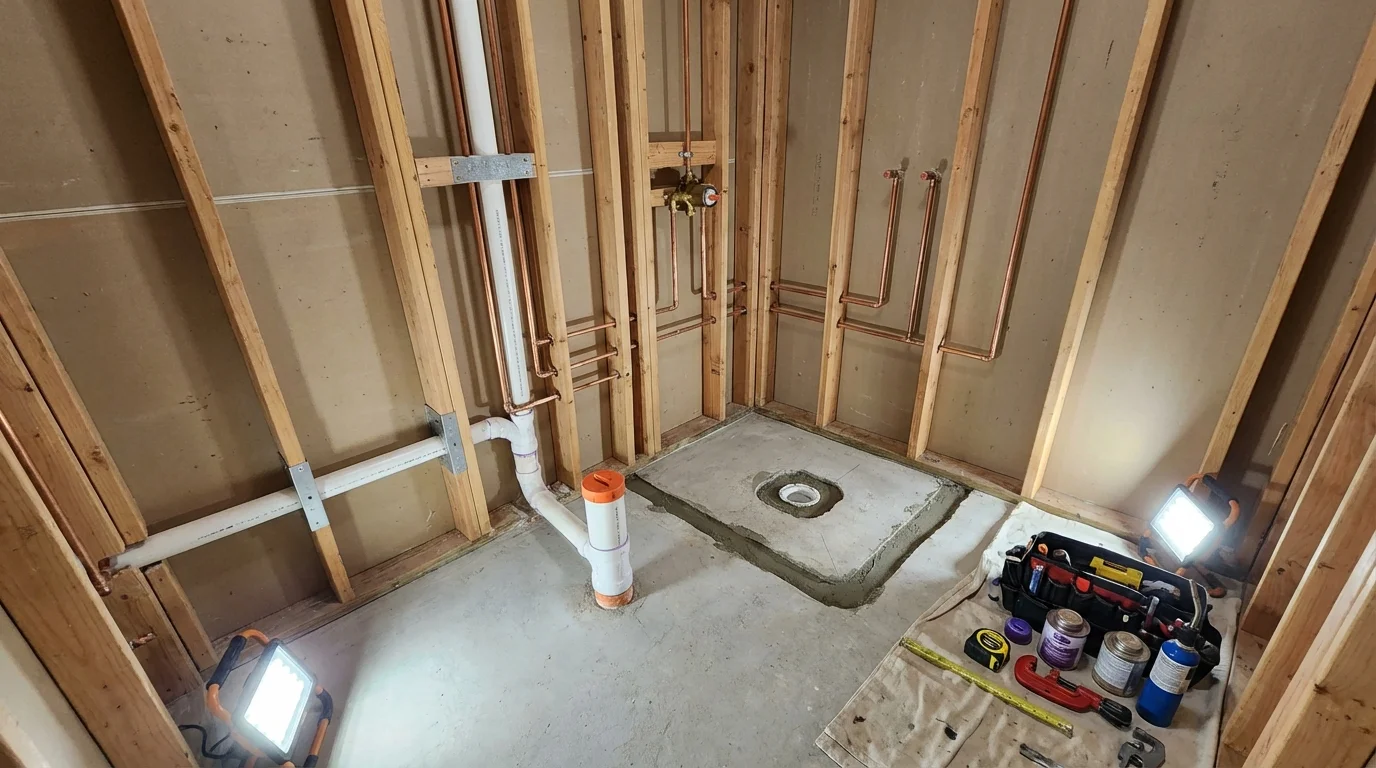 Bathroom rough-in plumbing during remodel by Johns Plumbing LLC in Orocovis