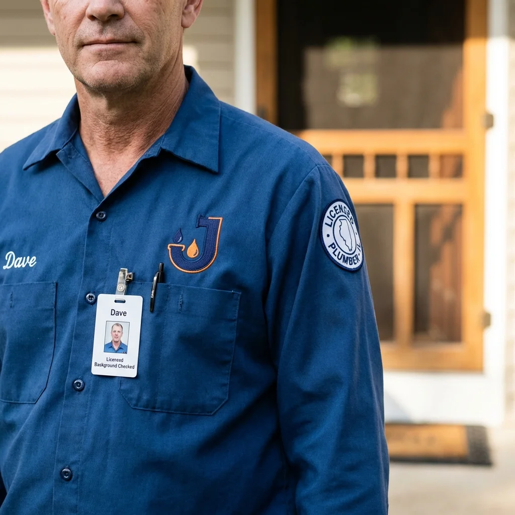 Licensed plumber showing ID badge in Orocovis, PR