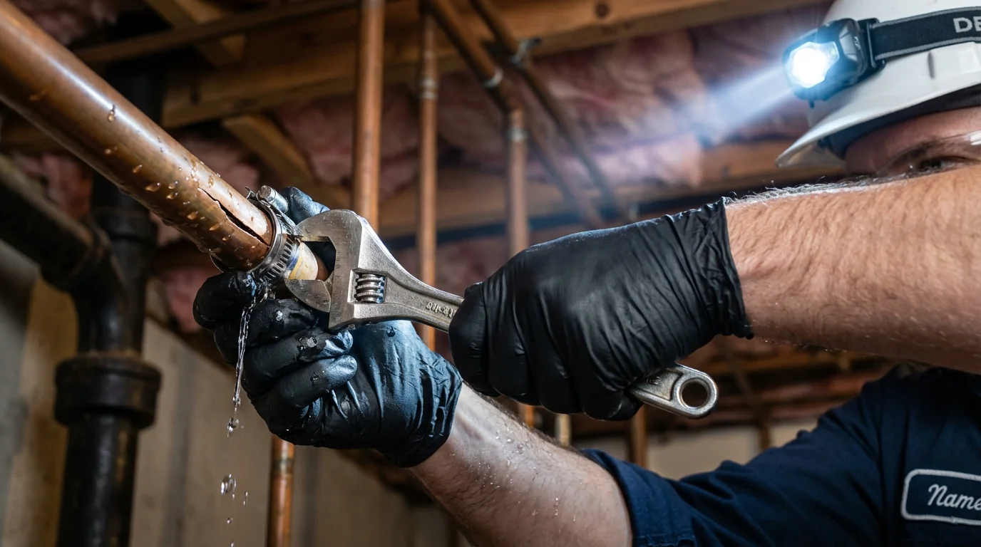 Emergency pipe clamp repair being performed by a Johns Plumbing LLC plumber in Orocovis