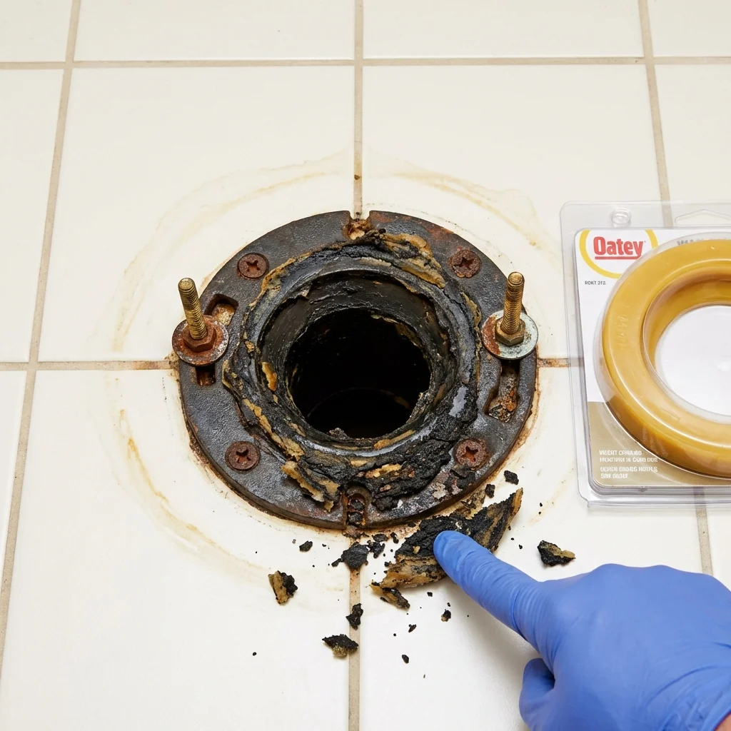 Failed wax ring showing water seepage at the base of a toilet in a Orocovis, PR home