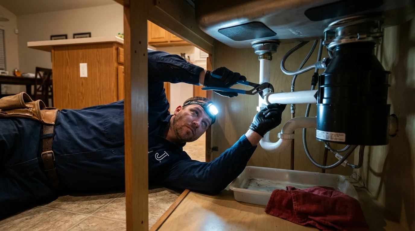 P-trap and supply line connections under a kitchen sink showing a common leak point in Orocovis, PR